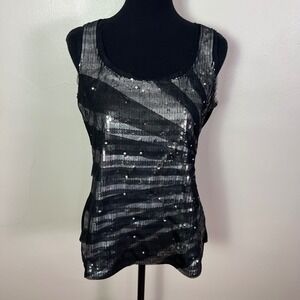 White House Black Market Sequin Tank Top L Black Silver Striped Glam Party Y2K